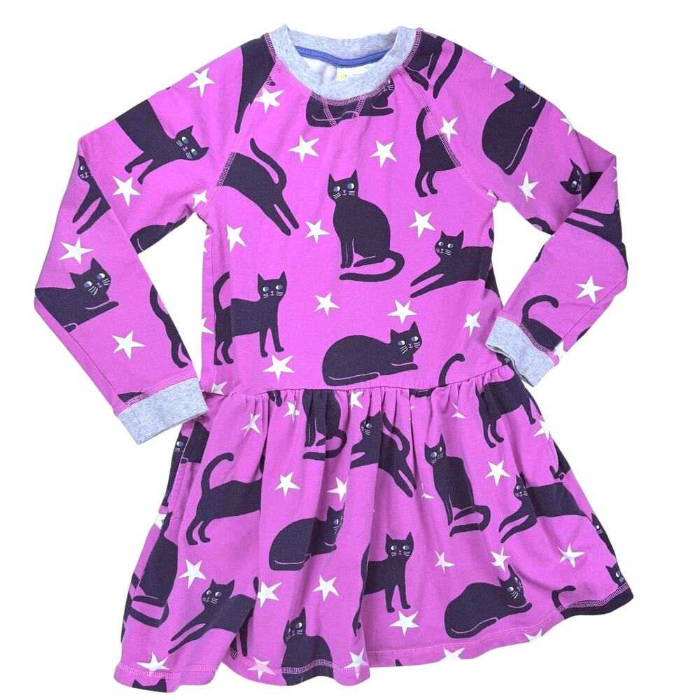 Mini Boden Girls Black Cat Print Cotton Dress in Pink Size 9-10